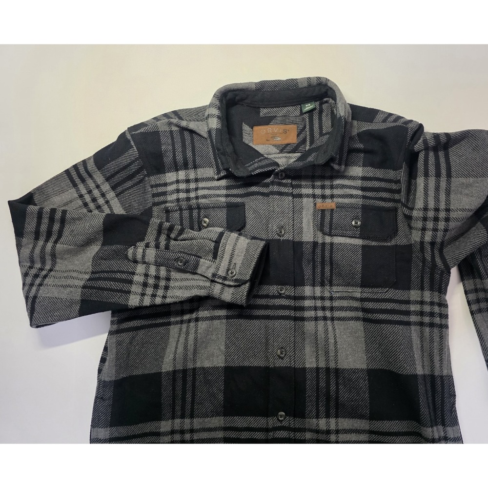 Orvis Shacket Men Medium Black Gray Plaid‎ Heavy Flannel Shirt Jacket Button Up